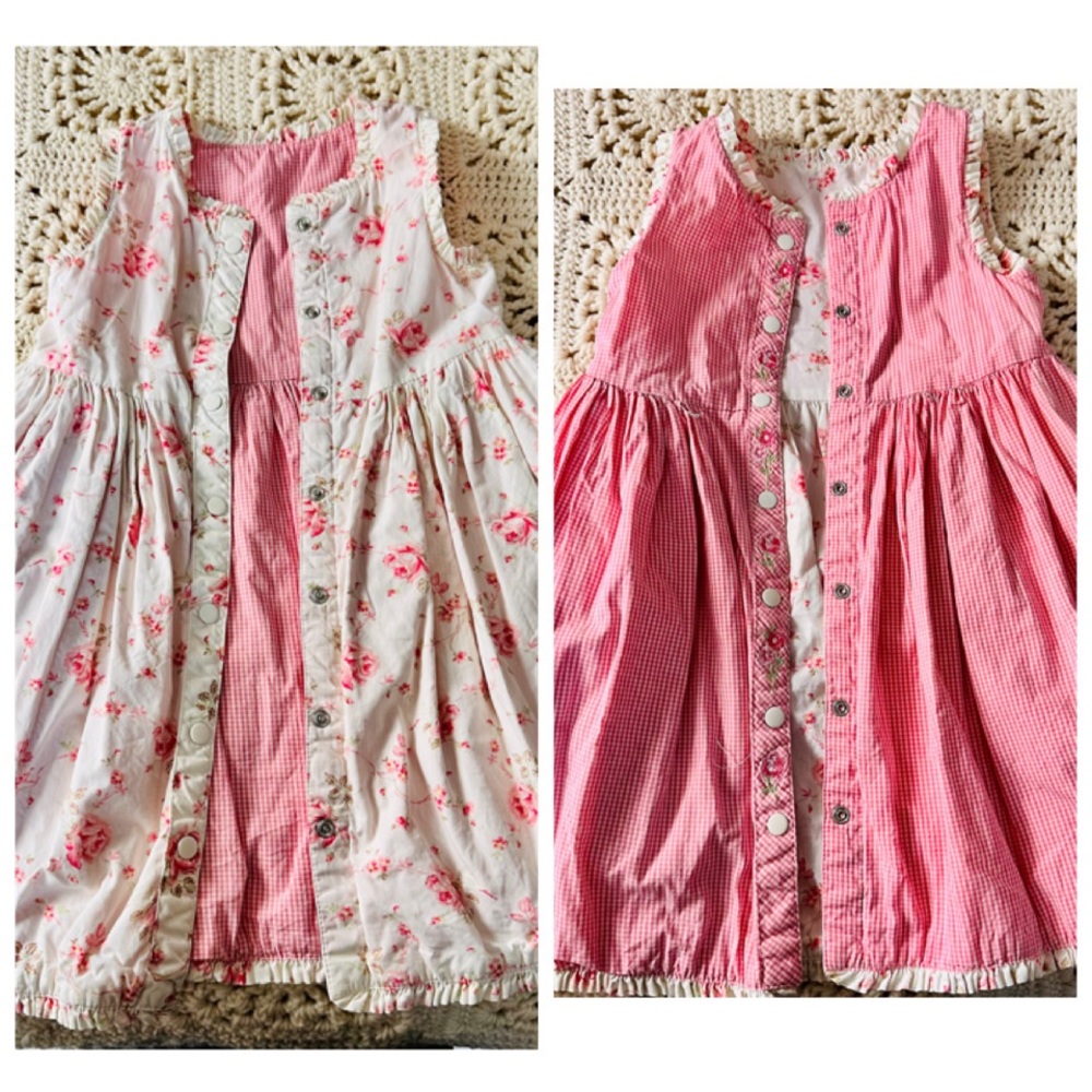 Girls Size 5 Reversible Snap Front Cotton Dress Floral Checked Pockets